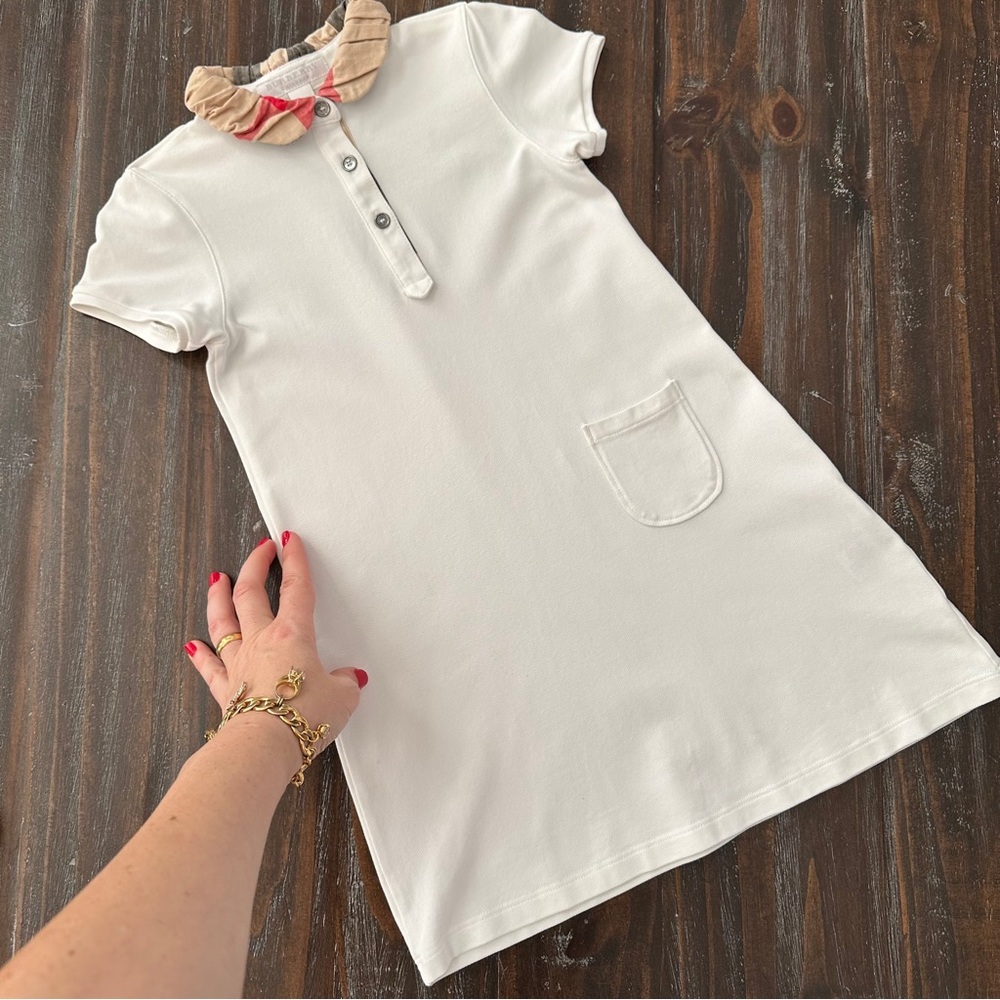 Authentic BURBERRY Girls Polo Dress White Nova Check Collar Authentic 4-5 Years